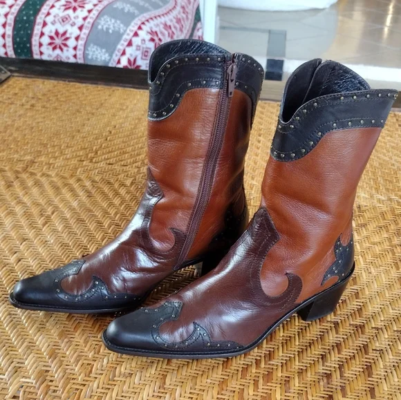 Stuart Weitzman Tri Colored Leather Studded Pointed Toe Western Boots - Picture 2 of 10